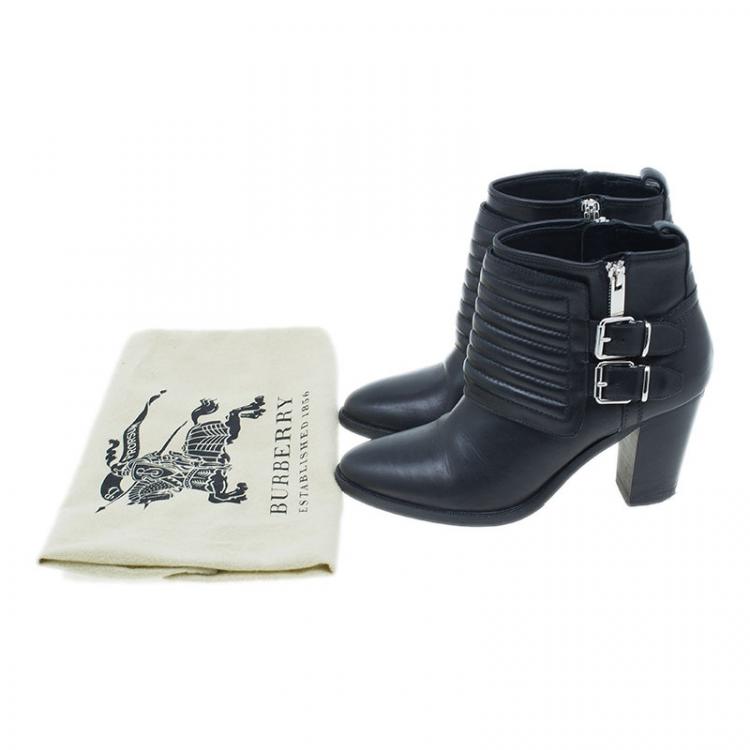 Pre Owned Burberry Black Leather Hirshel Moto Ankle Boots Size 38