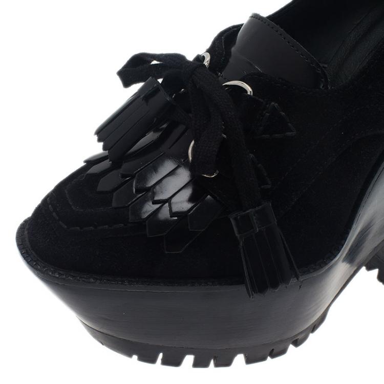 Pre Owned Burberry Prorsum Black Leather Oxford Creeper Platform Wedge Boots Size 37