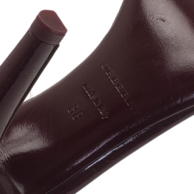 Pre Owned Burberry Burgundy Patent Leather Ruffle Sandals Size 38 