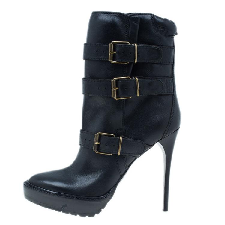Pre Owned Burberry Black Leather Buckled Ankle Boots Size 40.5