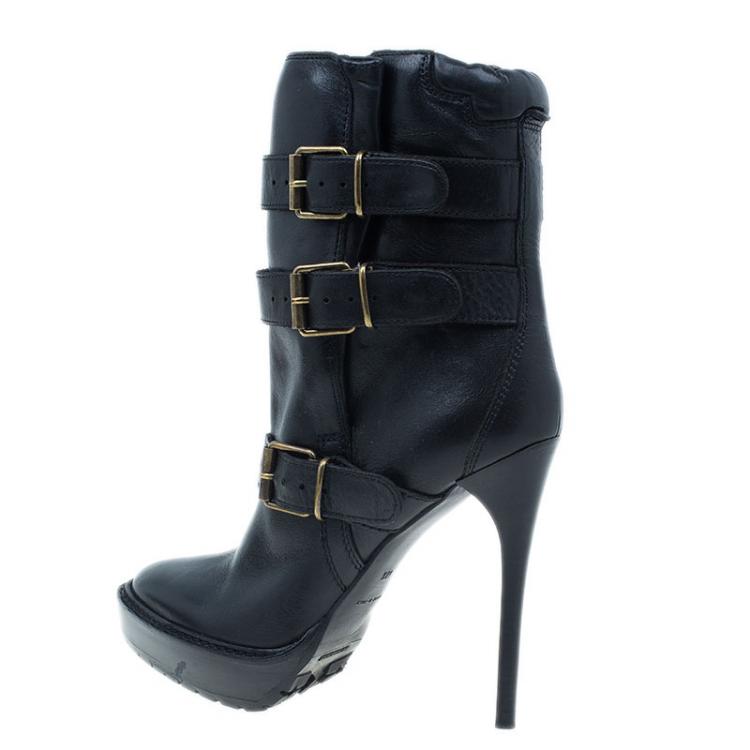 Pre Owned Burberry Black Leather Buckled Ankle Boots Size 40.5