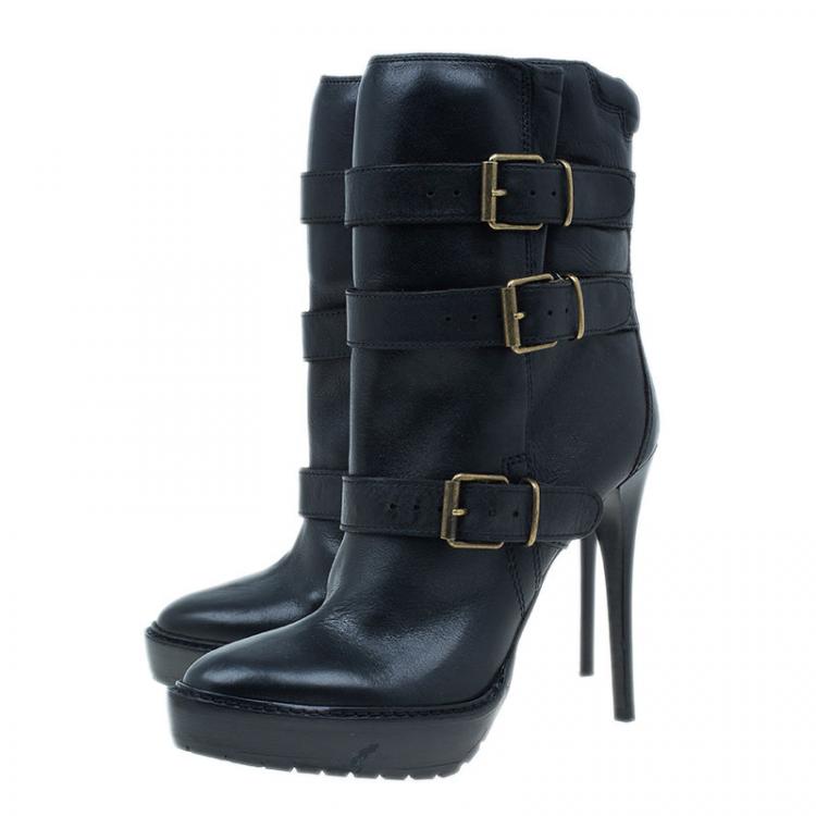 Pre Owned Burberry Black Leather Buckled Ankle Boots Size 40.5