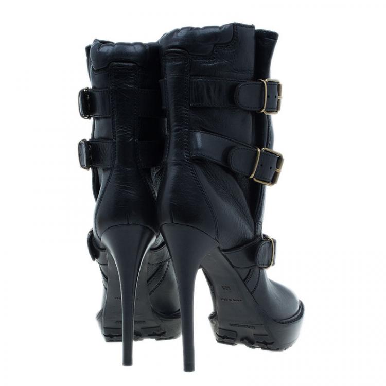 Pre Owned Burberry Black Leather Buckled Ankle Boots Size 40.5