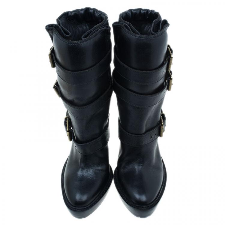 Pre Owned Burberry Black Leather Buckled Ankle Boots Size 40.5