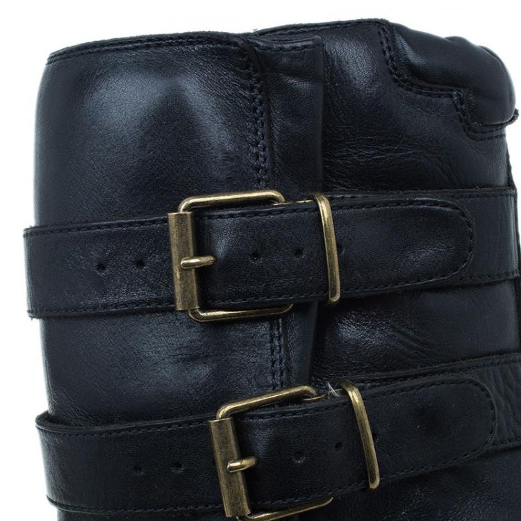Pre Owned Burberry Black Leather Buckled Ankle Boots Size 40.5