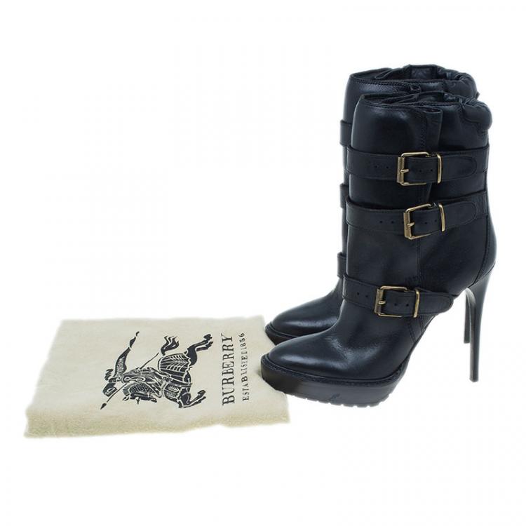 Pre Owned Burberry Black Leather Buckled Ankle Boots Size 40.5
