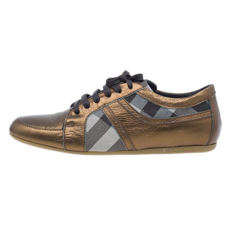 مملوكة مسبقًا Burberry Metallic Leather and Novacheck Canvas Sneakers Size 37