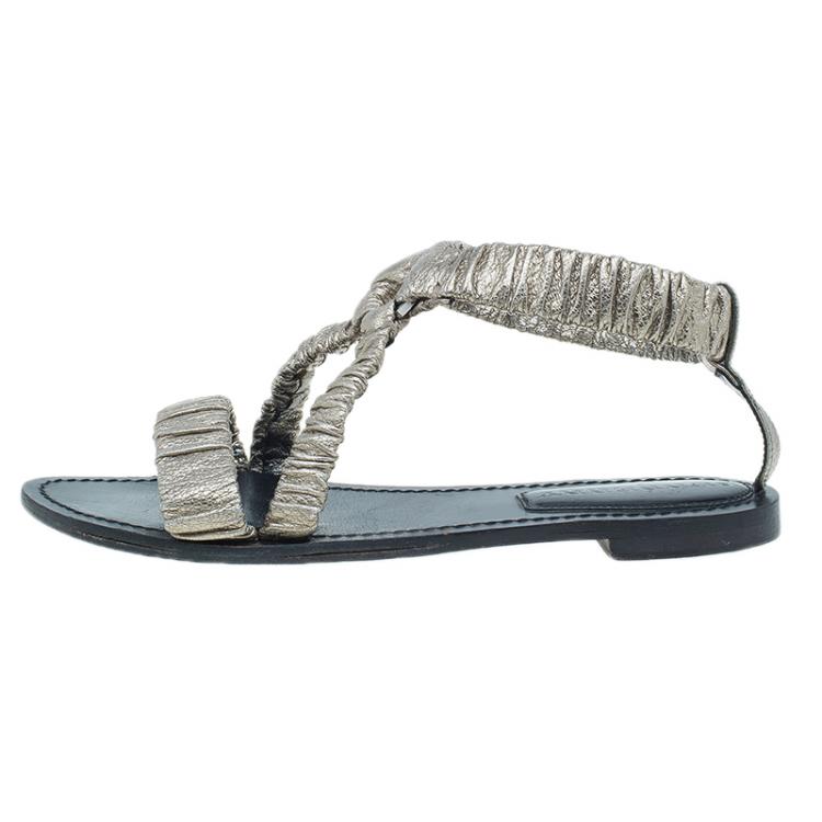 Pre Owned Burberry Metallic Gold Elastic Leather Flat Sandals Size 38
