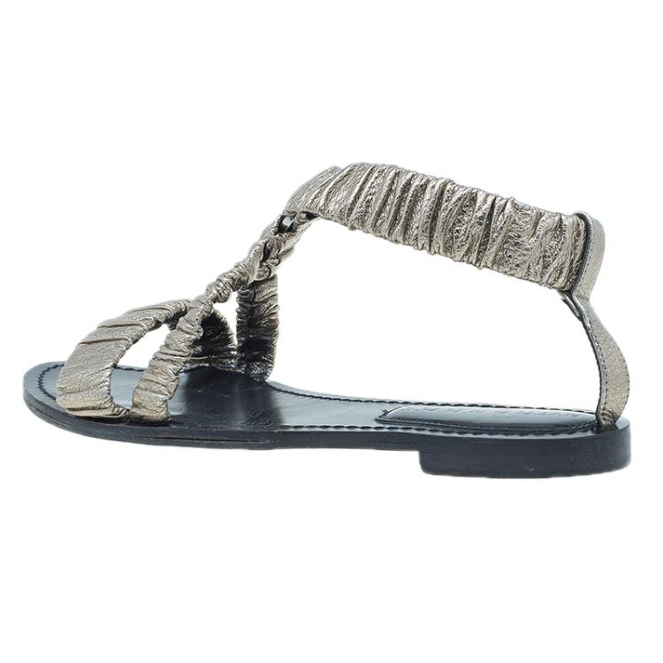 Pre Owned Burberry Metallic Gold Elastic Leather Flat Sandals Size 38