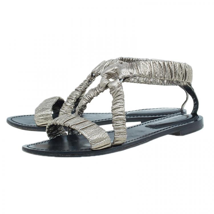 Pre Owned Burberry Metallic Gold Elastic Leather Flat Sandals Size 38