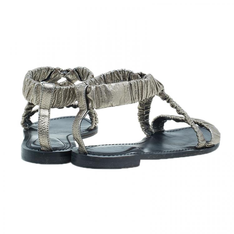 Pre Owned Burberry Metallic Gold Elastic Leather Flat Sandals Size 38