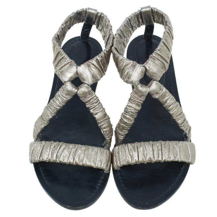 Pre Owned Burberry Metallic Gold Elastic Leather Flat Sandals Size 38