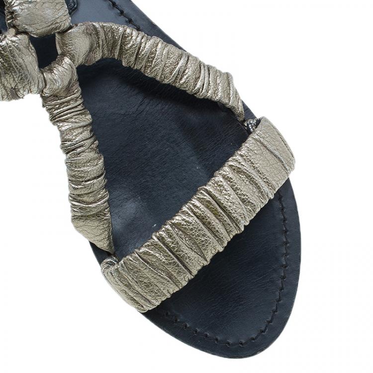Pre Owned Burberry Metallic Gold Elastic Leather Flat Sandals Size 38