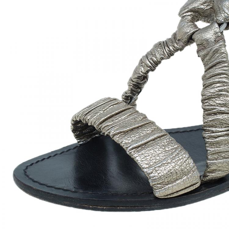 Pre Owned Burberry Metallic Gold Elastic Leather Flat Sandals Size 38