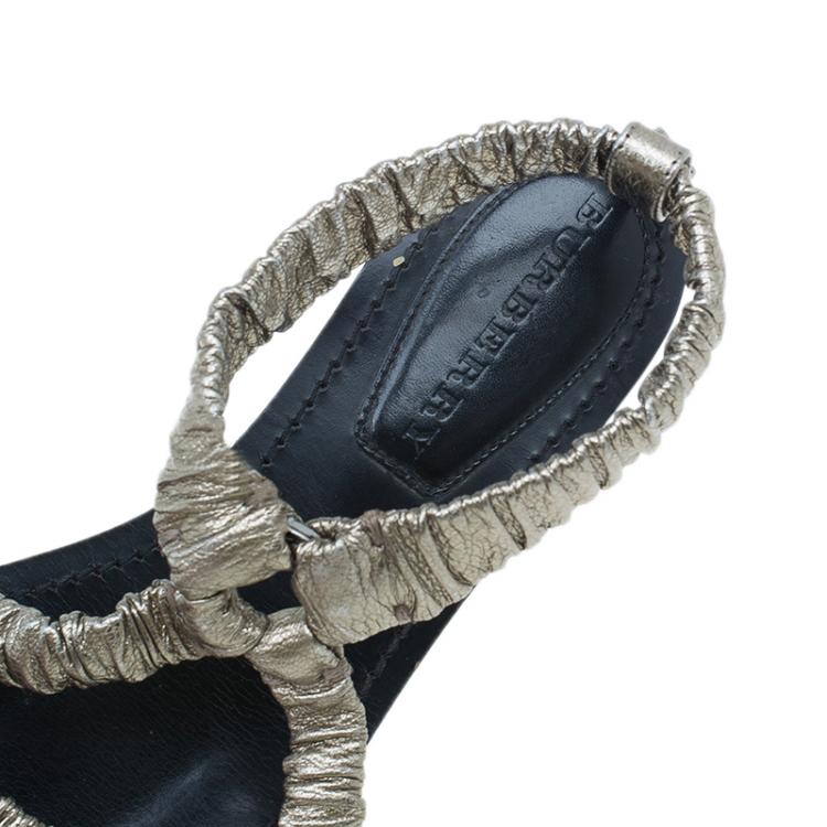 Pre Owned Burberry Metallic Gold Elastic Leather Flat Sandals Size 38