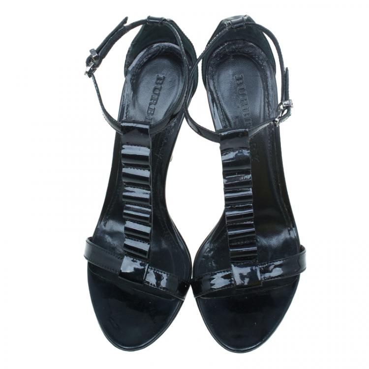 Pre Owned Burberry Black Patent Ruffle T Strap Sandals Size 38