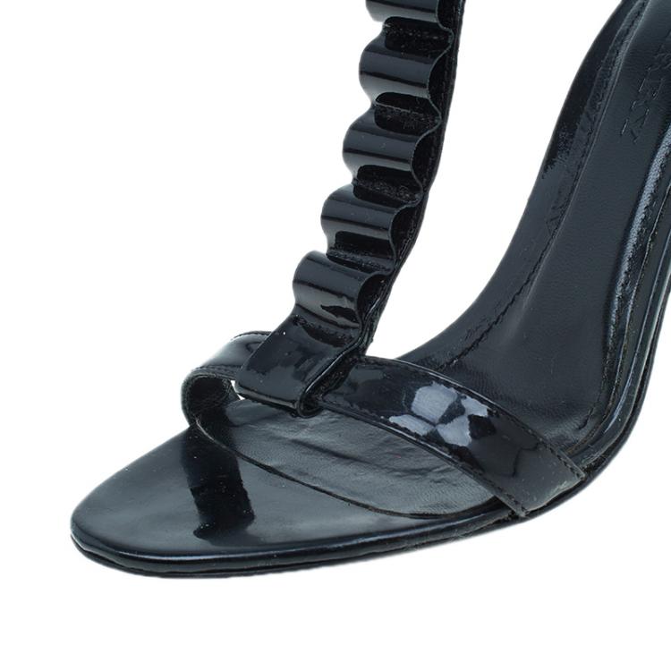 Pre Owned Burberry Black Patent Ruffle T Strap Sandals Size 38