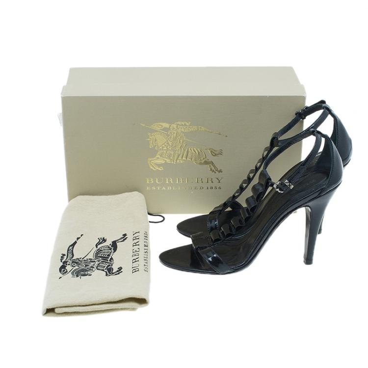 Pre Owned Burberry Black Patent Ruffle T Strap Sandals Size 38
