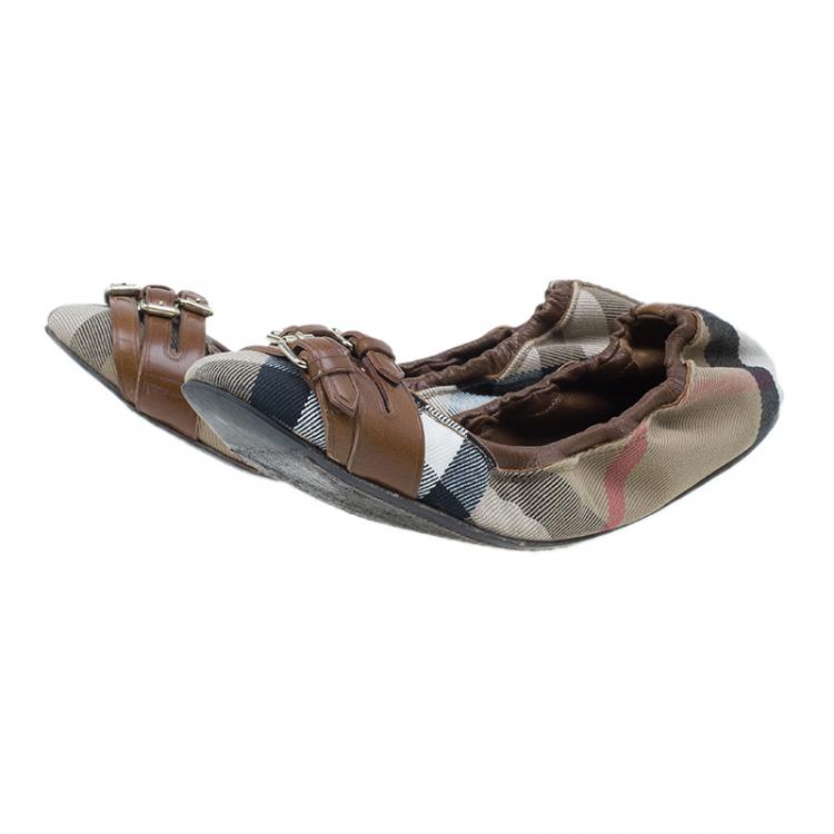 Pre Owned Burberry Novacheck Canvas and Leather Buckle Ballet Flats Size 39
