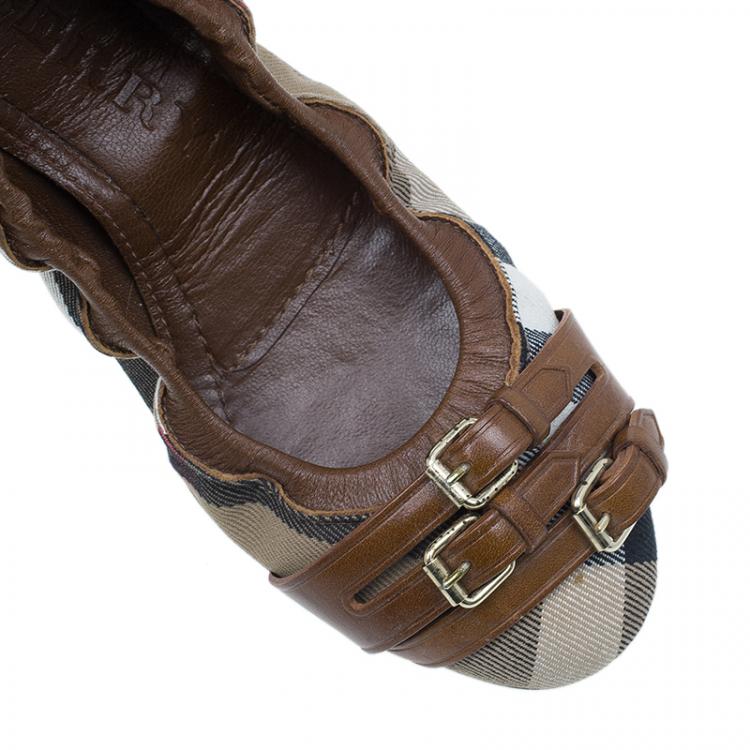 Pre Owned Burberry Novacheck Canvas and Leather Buckle Ballet Flats Size 39