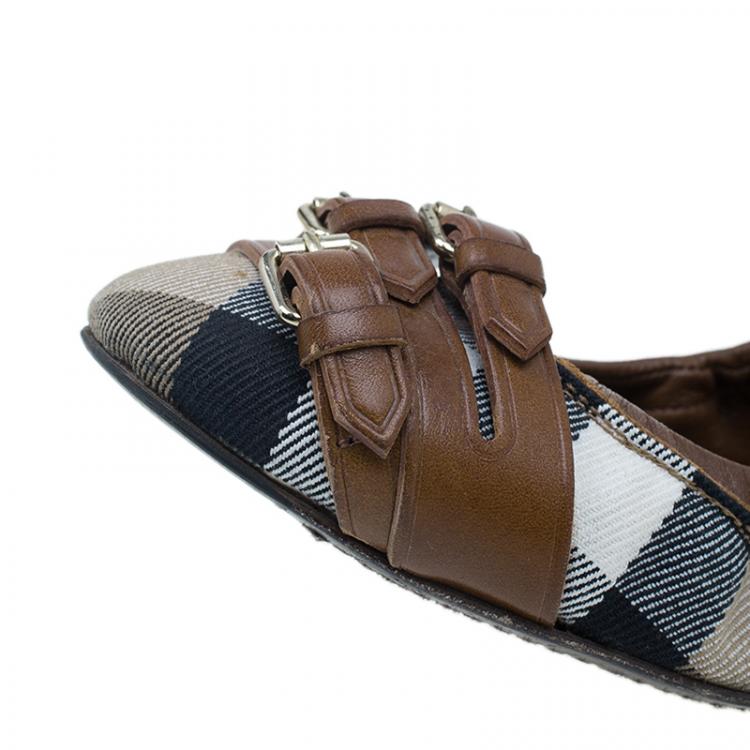Pre Owned Burberry Novacheck Canvas and Leather Buckle Ballet Flats Size 39