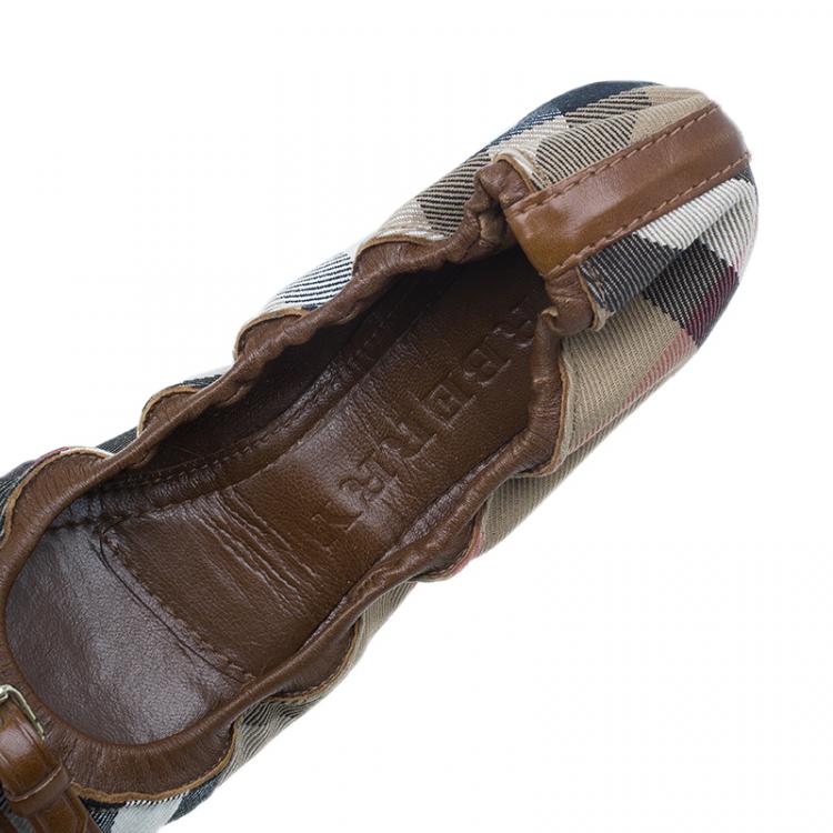 Pre Owned Burberry Novacheck Canvas and Leather Buckle Ballet Flats Size 39