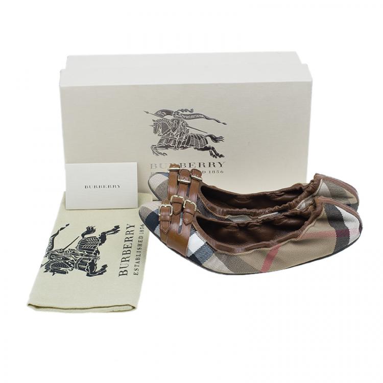 Pre Owned Burberry Novacheck Canvas and Leather Buckle Ballet Flats Size 39