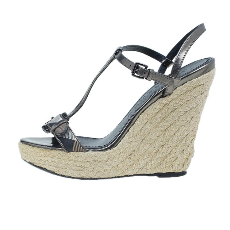 Pre Owned Burberry Grey Metallic Leather Check Espadrilles Wedges 38