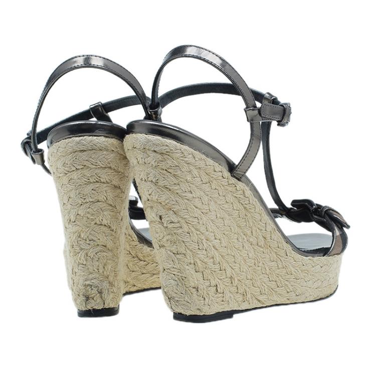 Pre Owned Burberry Grey Metallic Leather Check Espadrilles Wedges 38