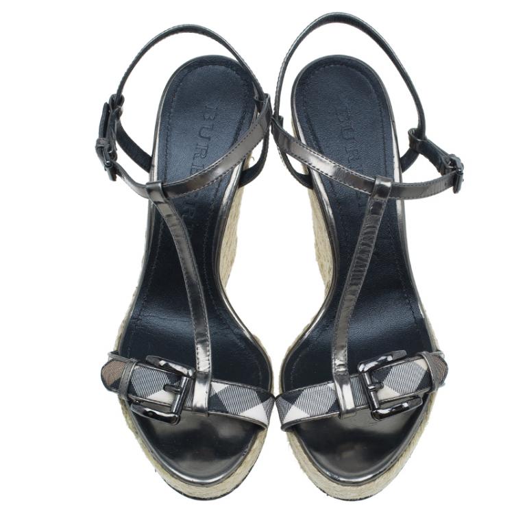 Pre Owned Burberry Grey Metallic Leather Check Espadrilles Wedges 38