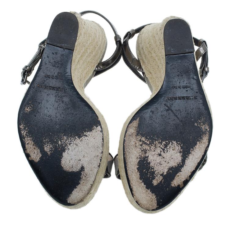 Pre Owned Burberry Grey Metallic Leather Check Espadrilles Wedges 38