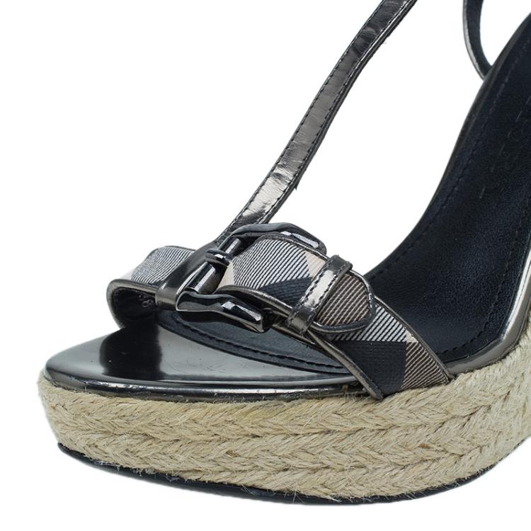 Pre Owned Burberry Grey Metallic Leather Check Espadrilles Wedges 38