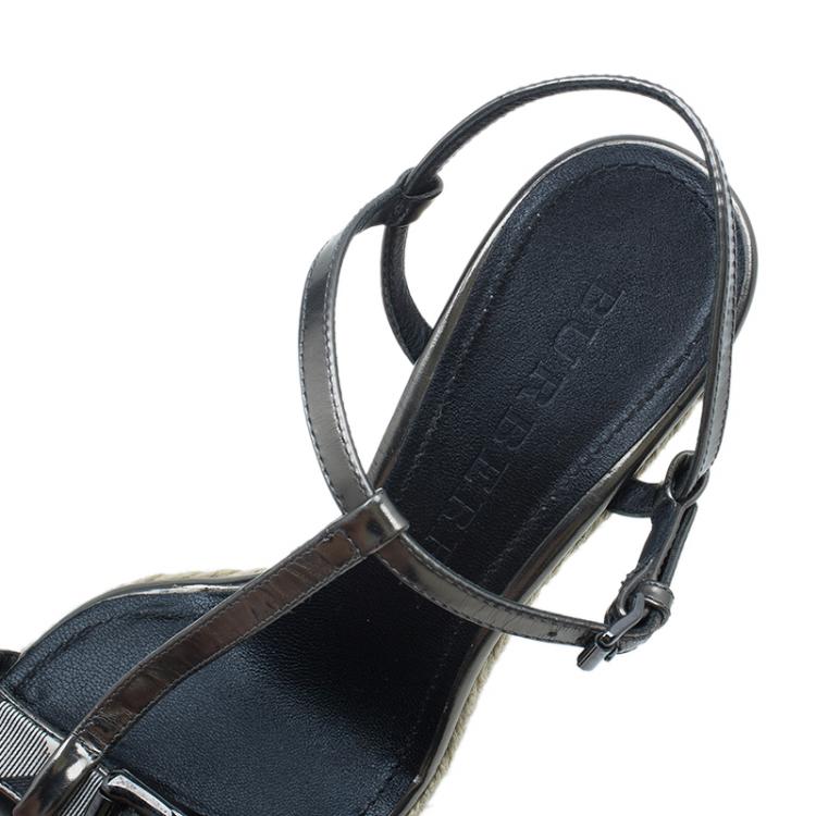 Pre Owned Burberry Grey Metallic Leather Check Espadrilles Wedges 38