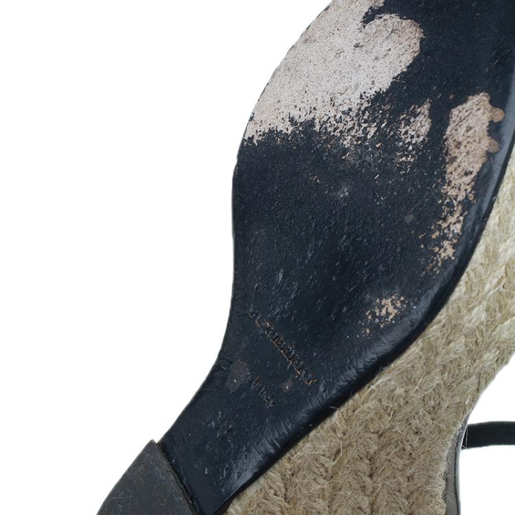 Pre Owned Burberry Grey Metallic Leather Check Espadrilles Wedges 38