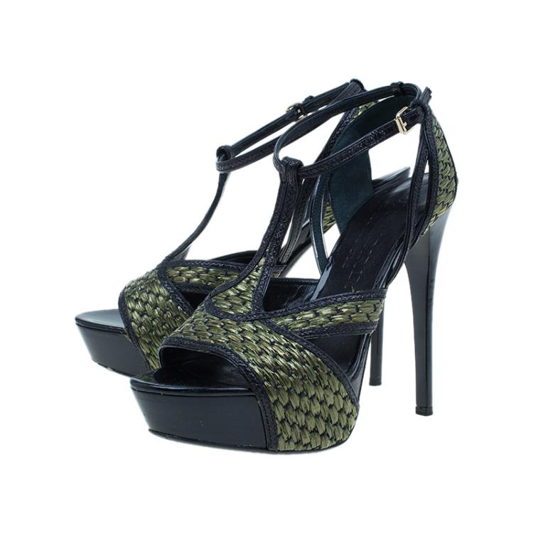 Pre Owned Burberry Green Woven Raffia and Leather Ankle Strap Platform Sandals Size 38