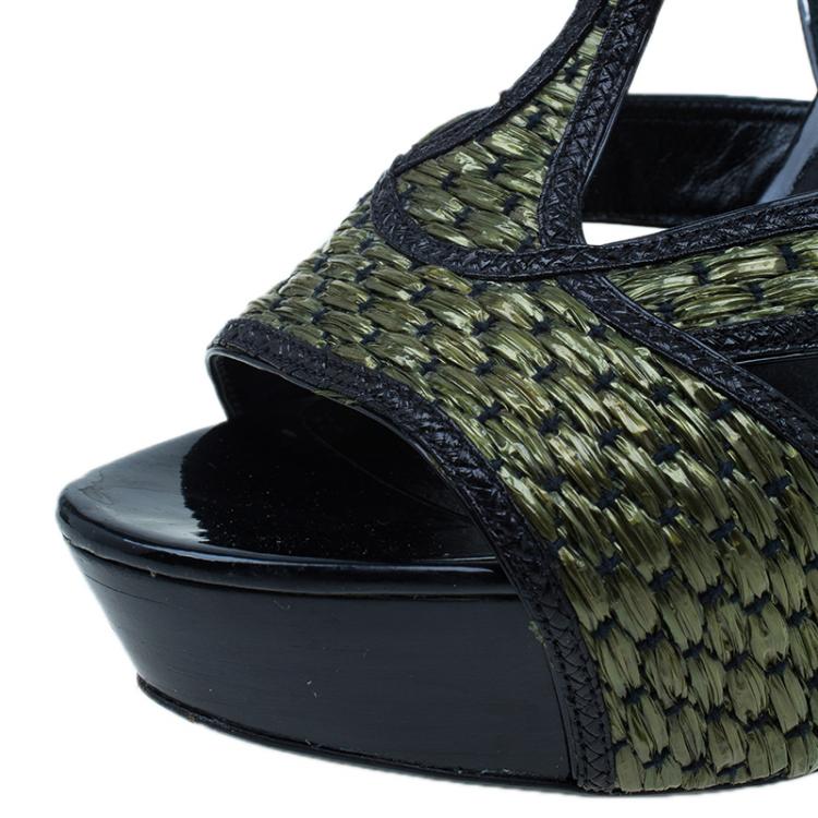 Pre Owned Burberry Green Woven Raffia and Leather Ankle Strap Platform Sandals Size 38
