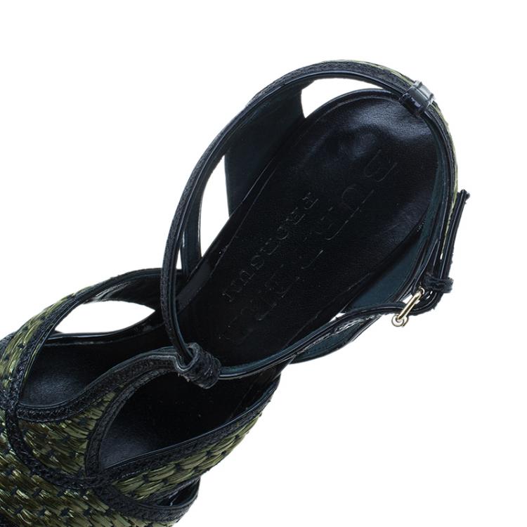 Pre Owned Burberry Green Woven Raffia and Leather Ankle Strap Platform Sandals Size 38