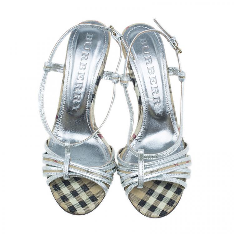 Pre Owned Burberry Silver Leather Check Detail Strappy Sandals Size 39