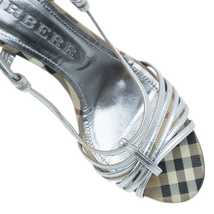 Pre Owned Burberry Silver Leather Check Detail Strappy Sandals Size 39