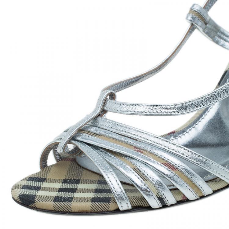 Pre Owned Burberry Silver Leather Check Detail Strappy Sandals Size 39