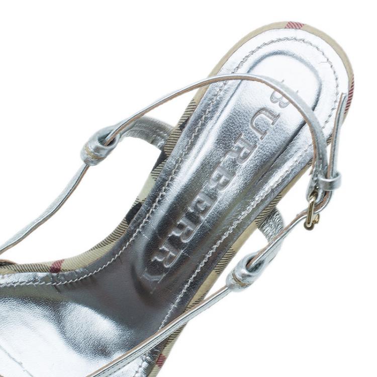 Pre Owned Burberry Silver Leather Check Detail Strappy Sandals Size 39