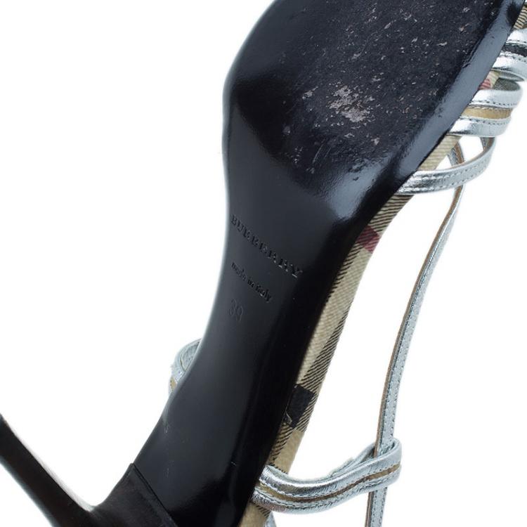 Pre Owned Burberry Silver Leather Check Detail Strappy Sandals Size 39