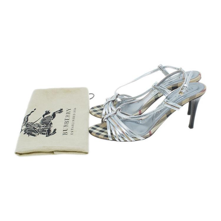 Pre Owned Burberry Silver Leather Check Detail Strappy Sandals Size 39