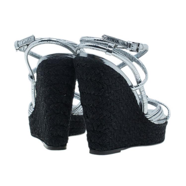 Pre Owned Burberry Silver Knotted Leather Espadrille Wedge Sandals Size 39