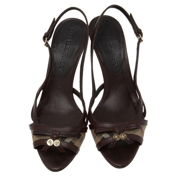 Pre Owned Burberry Brown Novacheck Canvas and Leather Slingback Sandals Size 38