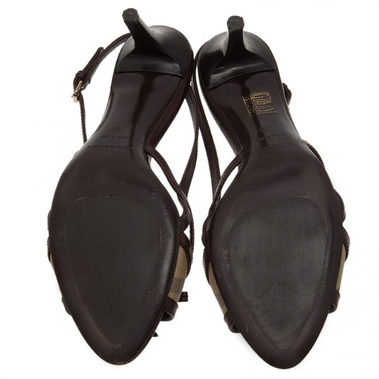 Pre Owned Burberry Brown Novacheck Canvas and Leather Slingback Sandals Size 38