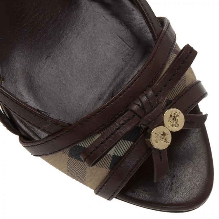 Pre Owned Burberry Brown Novacheck Canvas and Leather Slingback Sandals Size 38