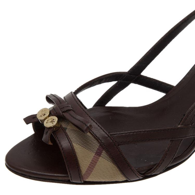 Pre Owned Burberry Brown Novacheck Canvas and Leather Slingback Sandals Size 38