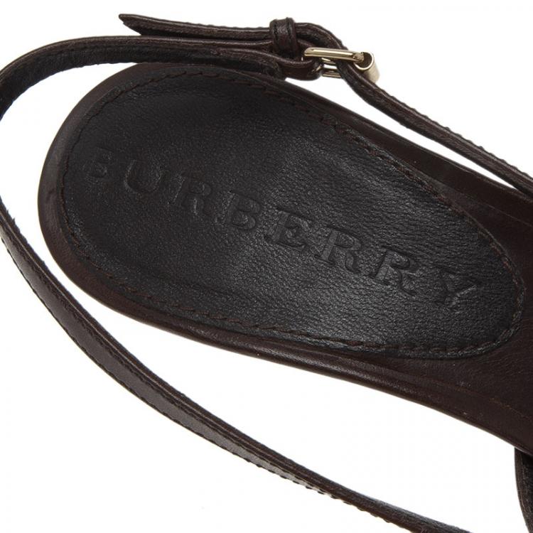 Pre Owned Burberry Brown Novacheck Canvas and Leather Slingback Sandals Size 38