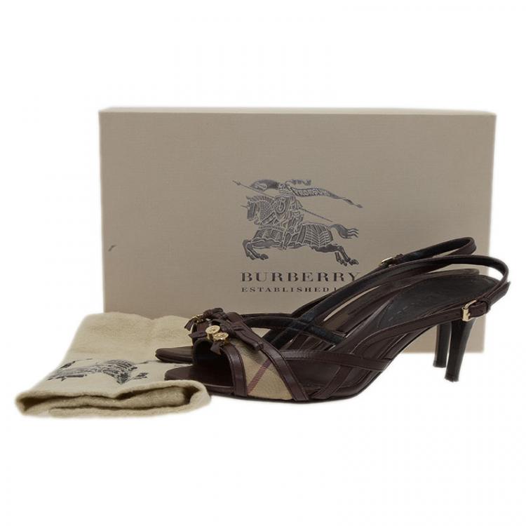 Pre Owned Burberry Brown Novacheck Canvas and Leather Slingback Sandals Size 38